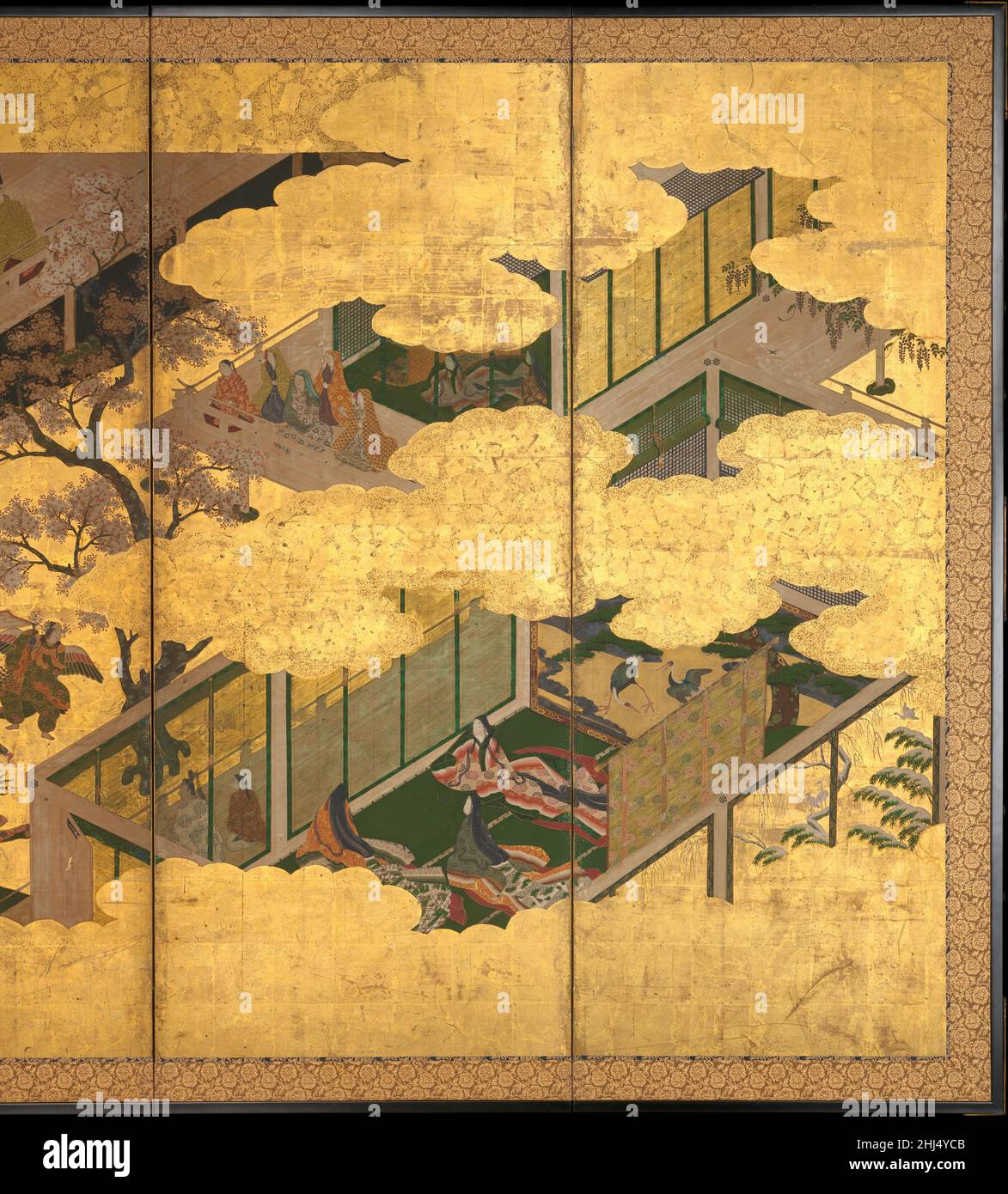 “Butterflies” late 16th–early 17th century Tosa Mitsuyoshi This single screen, one of the finest examples of painting by Tosa Mitsuyoshi, encapsulates the imagined visual splendor of Genji’s Rokuj? estate and conflates episodes from two different days in one composition. Ladies-in-waiting from the autumn quadrant of the Umetsubo Empress (Akikonomu) have arrived in Murasaki’s spring garden on a water bird boat on the upper left. The foreground scene takes place the next day, when page girls spectacularly costumed as paradisal kalavinka birds and butterflies of the court bugaku dance arrive at t Stock Photo