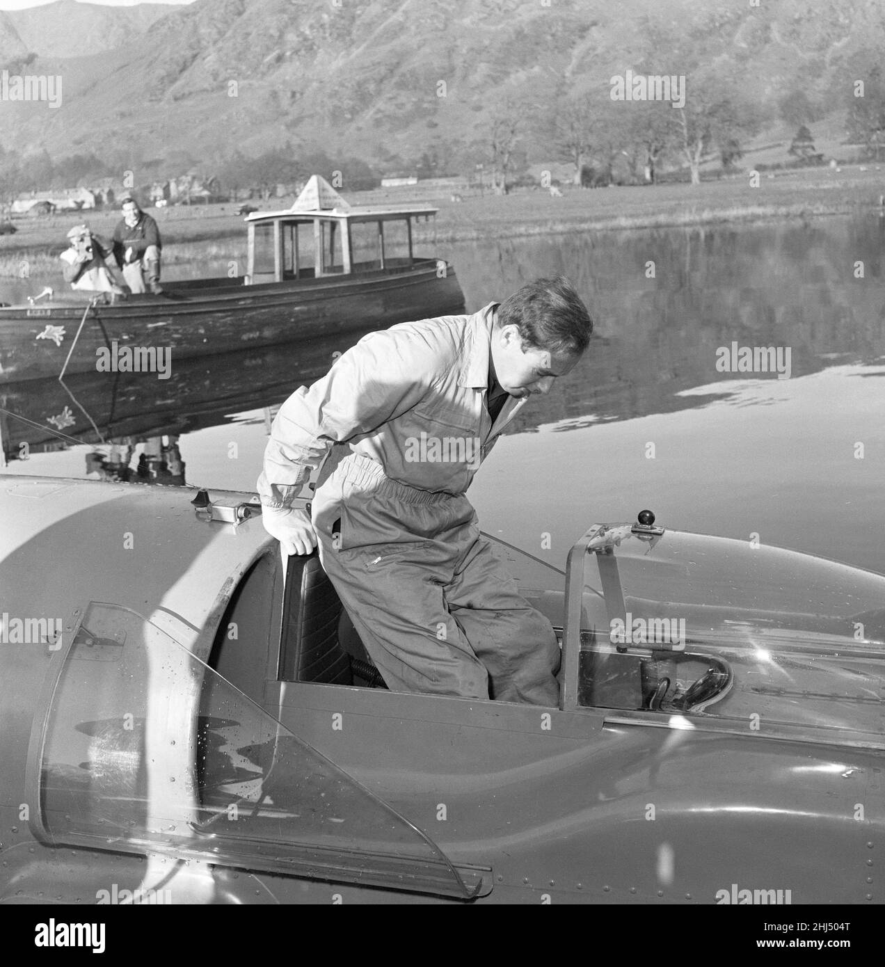 Donald Campbell, at Coniston Water, 7th November 1957. Donald Campbell, pictured after breaking
