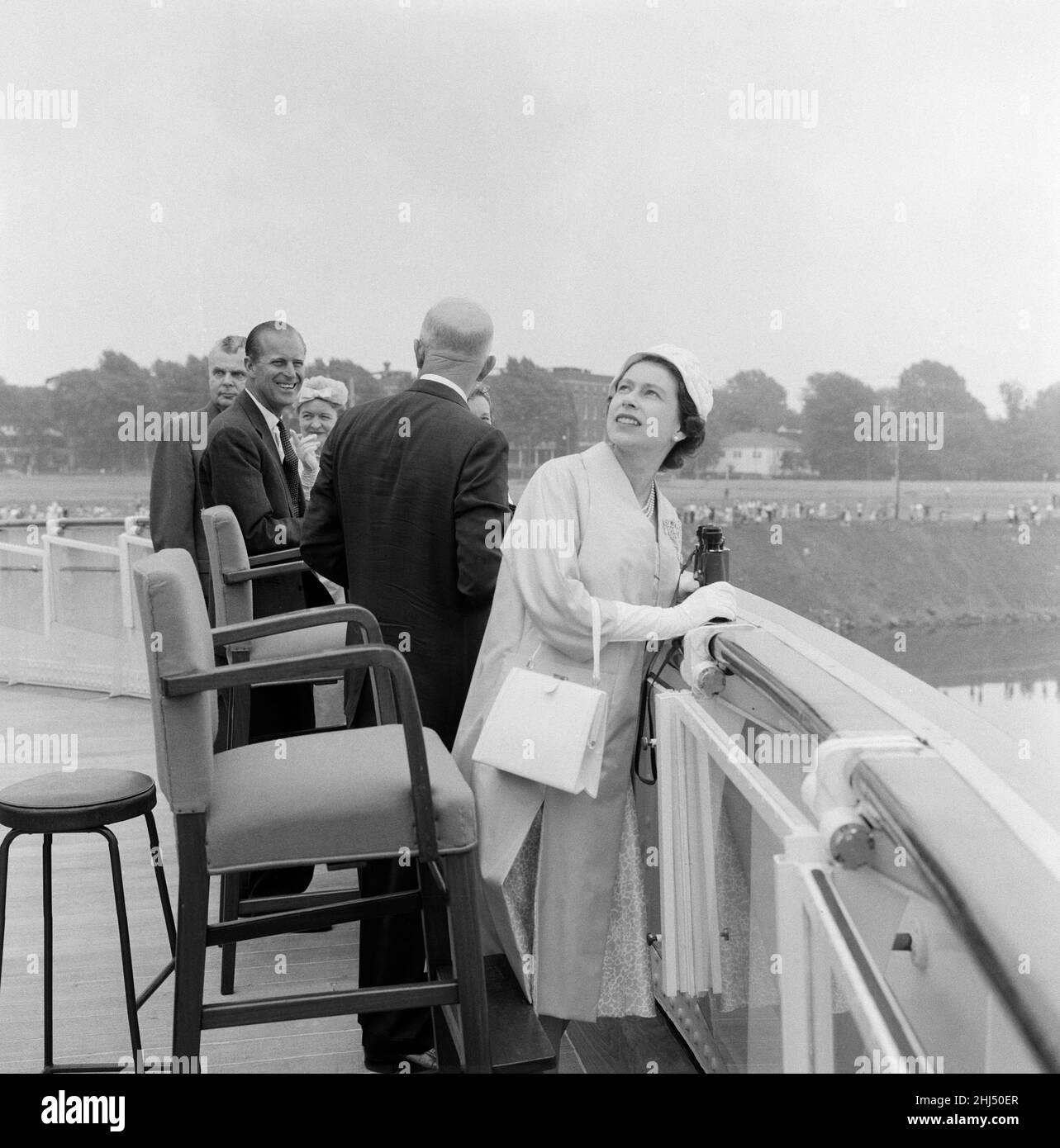 Queen Elizabeth II and Prince Philip with President and Mrs Eisenhower (President Eisenhower with his back to the camera) during their tour of Canada. Pictured after their arrival in Montreal to take part in the opening ceremony of the St. Lawrence Seaway at Lambert Lock, 26th June 1959. Stock Photo