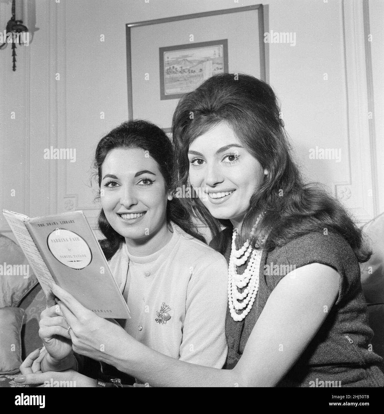Rosanna Schiaffino, Italian actress, in the UK for a two week stay to learn English, pictured at The Savoy Hotel, London, Wednesday 12th October 1960. Also pictured, her sister and companion Maria Pia Schiaffino. Stock Photo