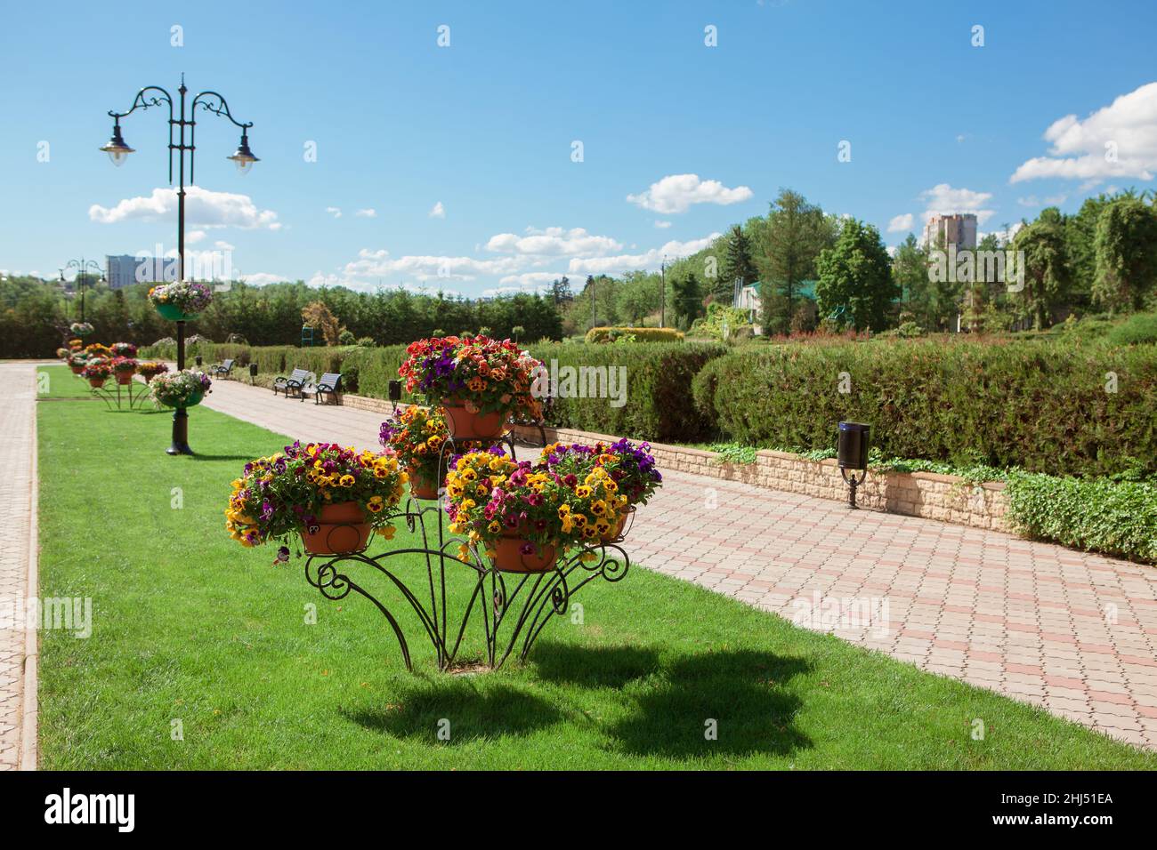 Park with ornamental garden . Sidewalk with pavement . Public park in the spring Stock Photo