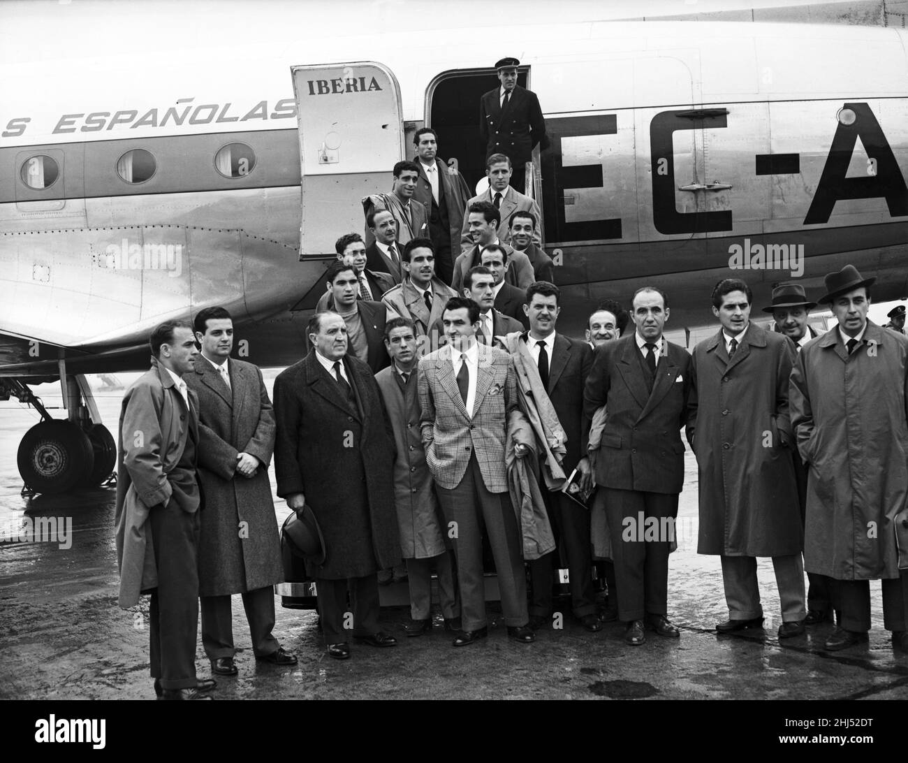 Spanish football team Real Madrid on their arrival at London Airport. 22nd April 1957. Stock Photo