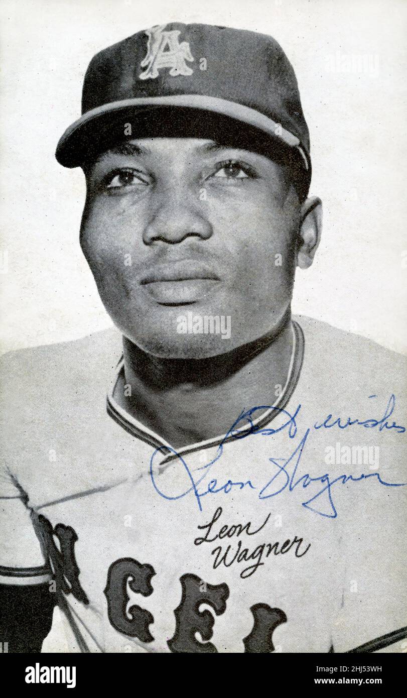 Black and white autographed Exhibit Card of Leon Wagner with the L.A. Angels circa 1961 Stock Photo