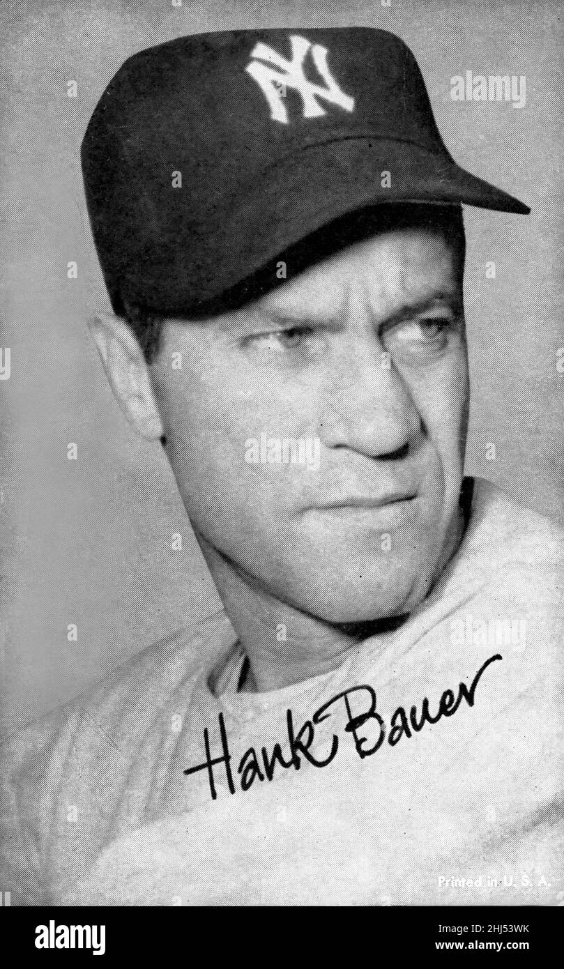 A black and white Exhibit Card featuring Hank Bauer of the New York Yankees. Stock Photo