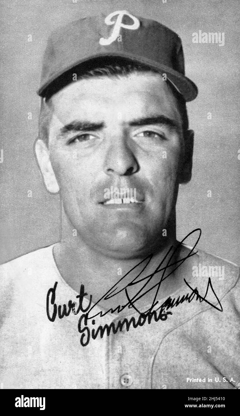 A black and white Exhibit Card featuring pitcher Curt Simmons of the Philadelphia Phillies. Stock Photo