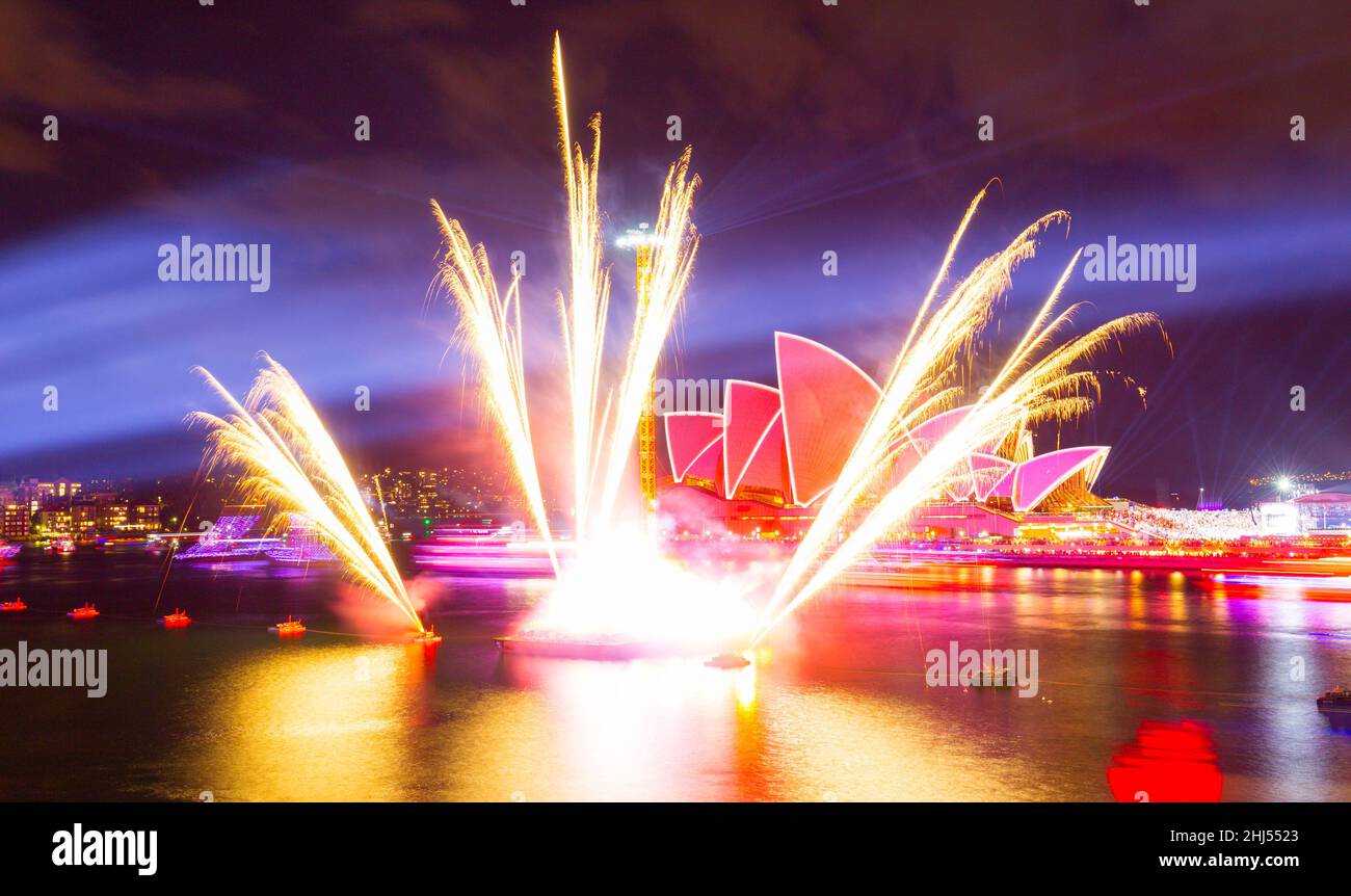 A spectacular fireworks display on Sydney Harbour concludes the