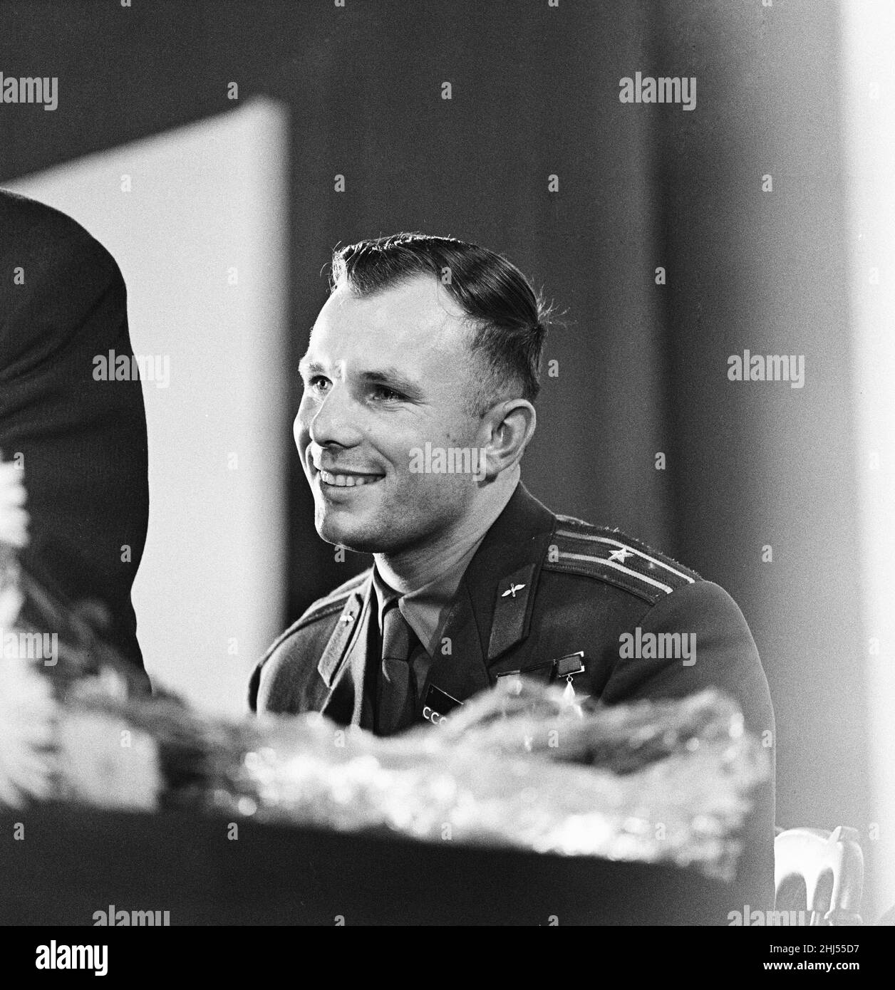 Yuri Gagarin,  Soviet Cosmonaut, the first human to journey into outer space when his Vostok spacecraft completed an orbit of the Earth (12th April 1961), visits Britain, Tuesday 11th July 1961. Our picture shows ... Yuri Gagarin attends news press conference at the Russian Embassy, Kensington Palace Gardens, London. Stock Photo