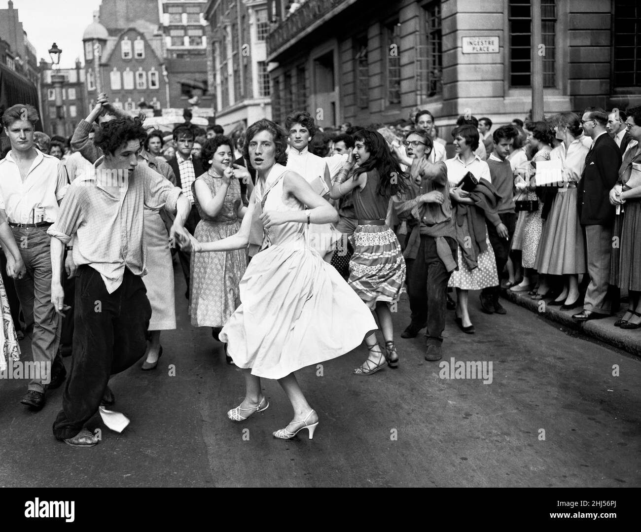 Dancing in the street at Ingestre Place during the 1956 Soho Carnival  8 July 1956 Stock Photo