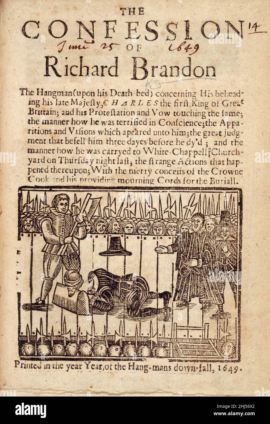 The Confession of Richard Brandon. A pamphlet claiming to be the death bed confession of the executioner of King Charles I Stock Photo
