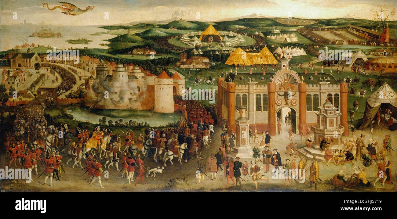 The Field of the Cloth of Gold painting. It shows the arrival of the British party (including a recogisable Henry VIII) for a meeting and tournament with King Francis I of France at Guisnes south of Calais. Stock Photo