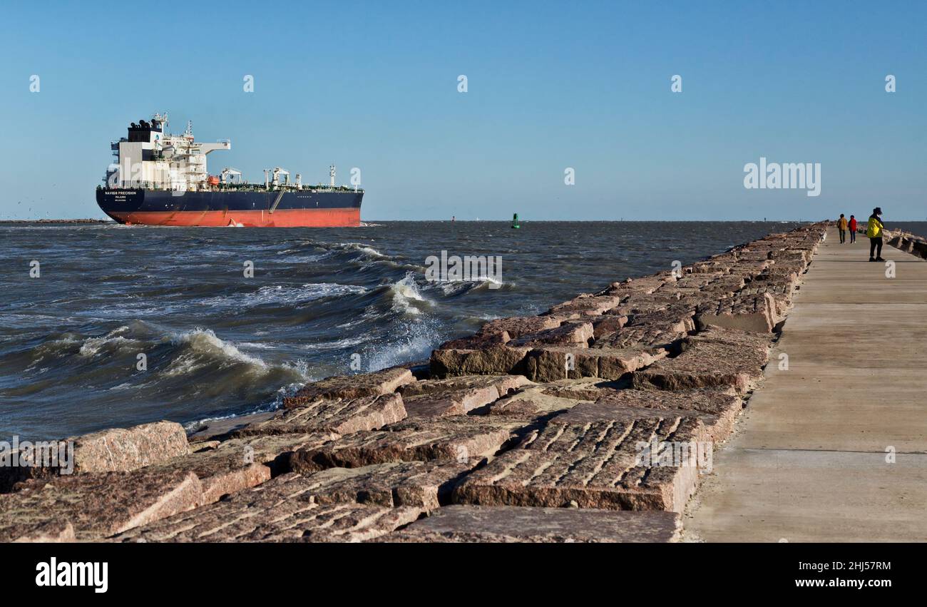 Petroleum tanker departing Port Aransas, Texas. Stock Photo