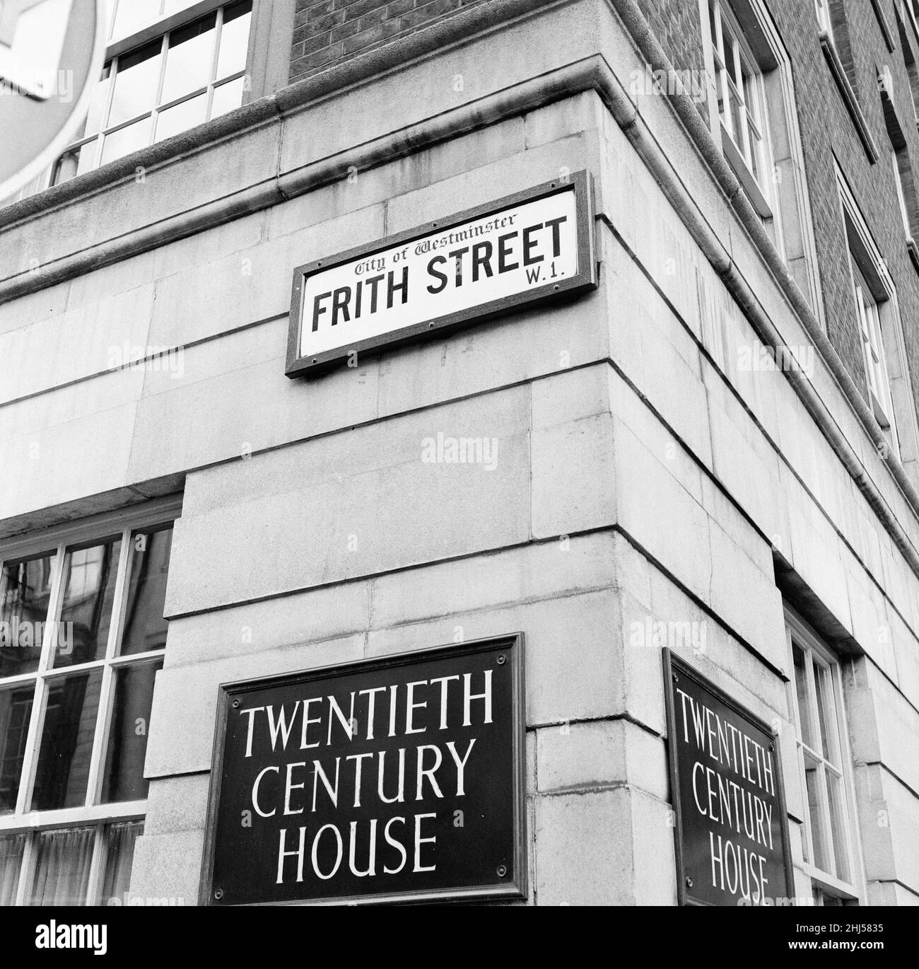 General view of Frith Street, Soho, London, 26th June 1956. Twentieth Century House occupies the site of three old houses, Nos. 31 and 32 Soho Square and No. 67 Frith Street. Stock Photo