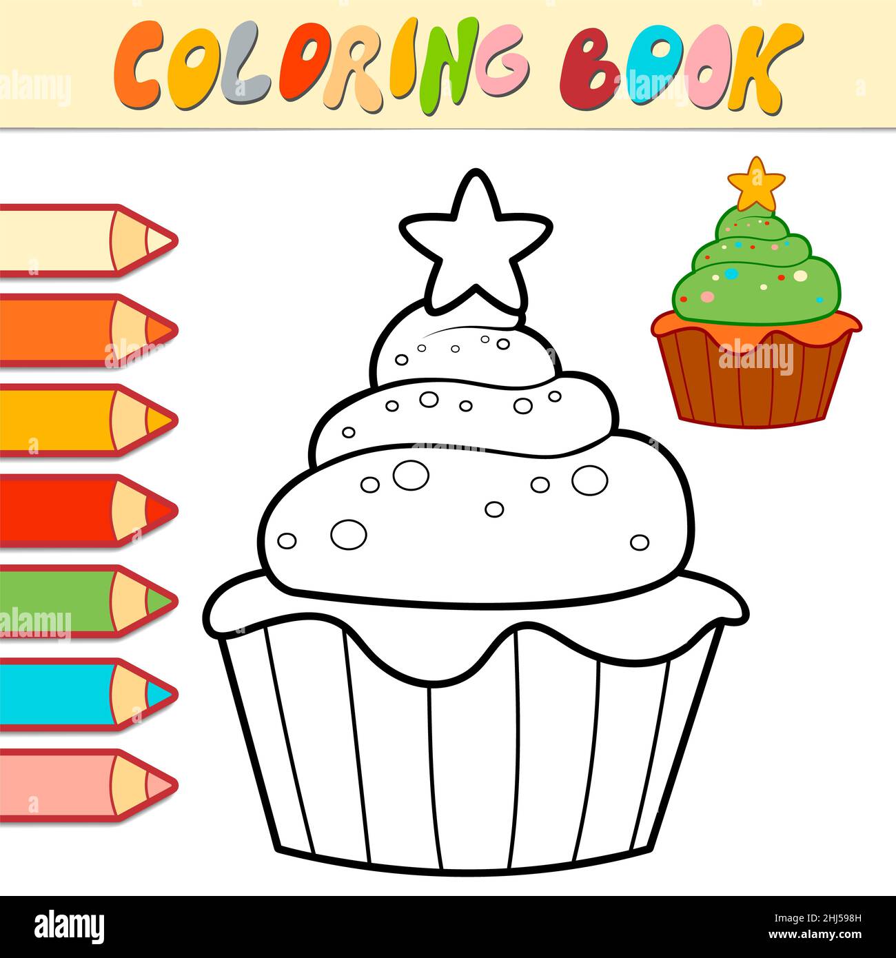 Coloring book or page for kids. Christmas cupcake black and white ...
