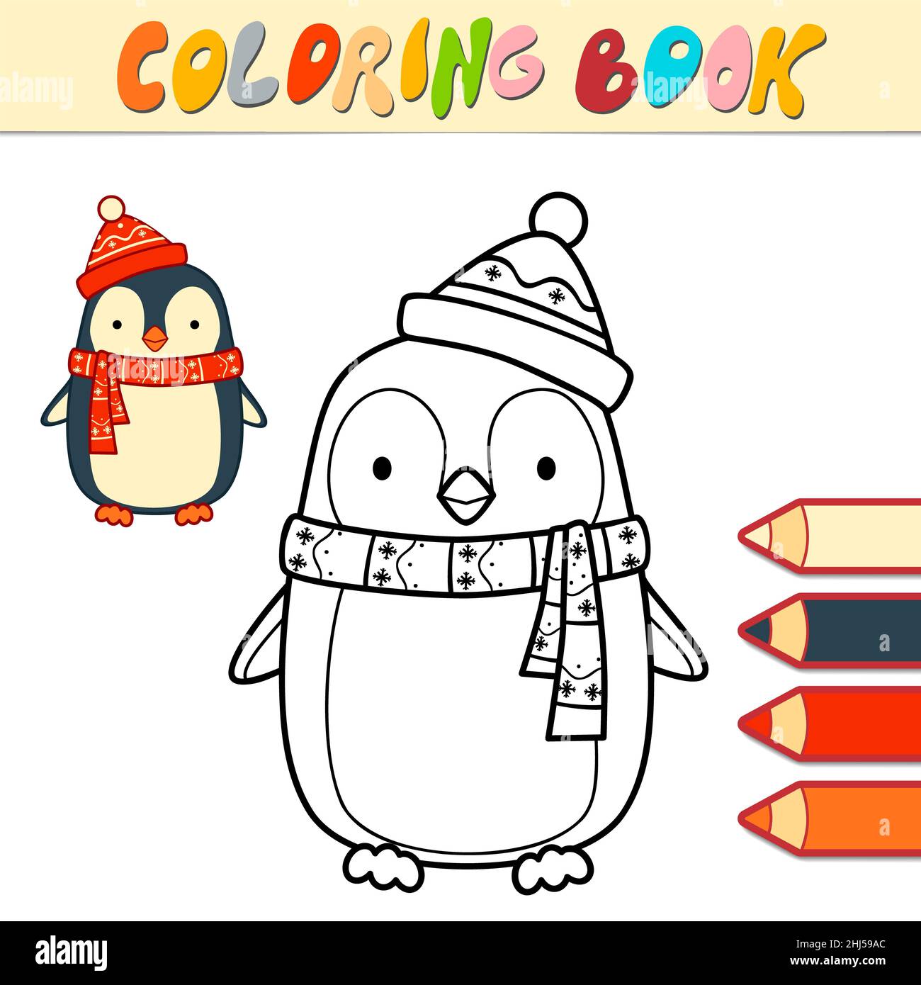 Coloring book or page for kids. Christmas penguin black and white ...