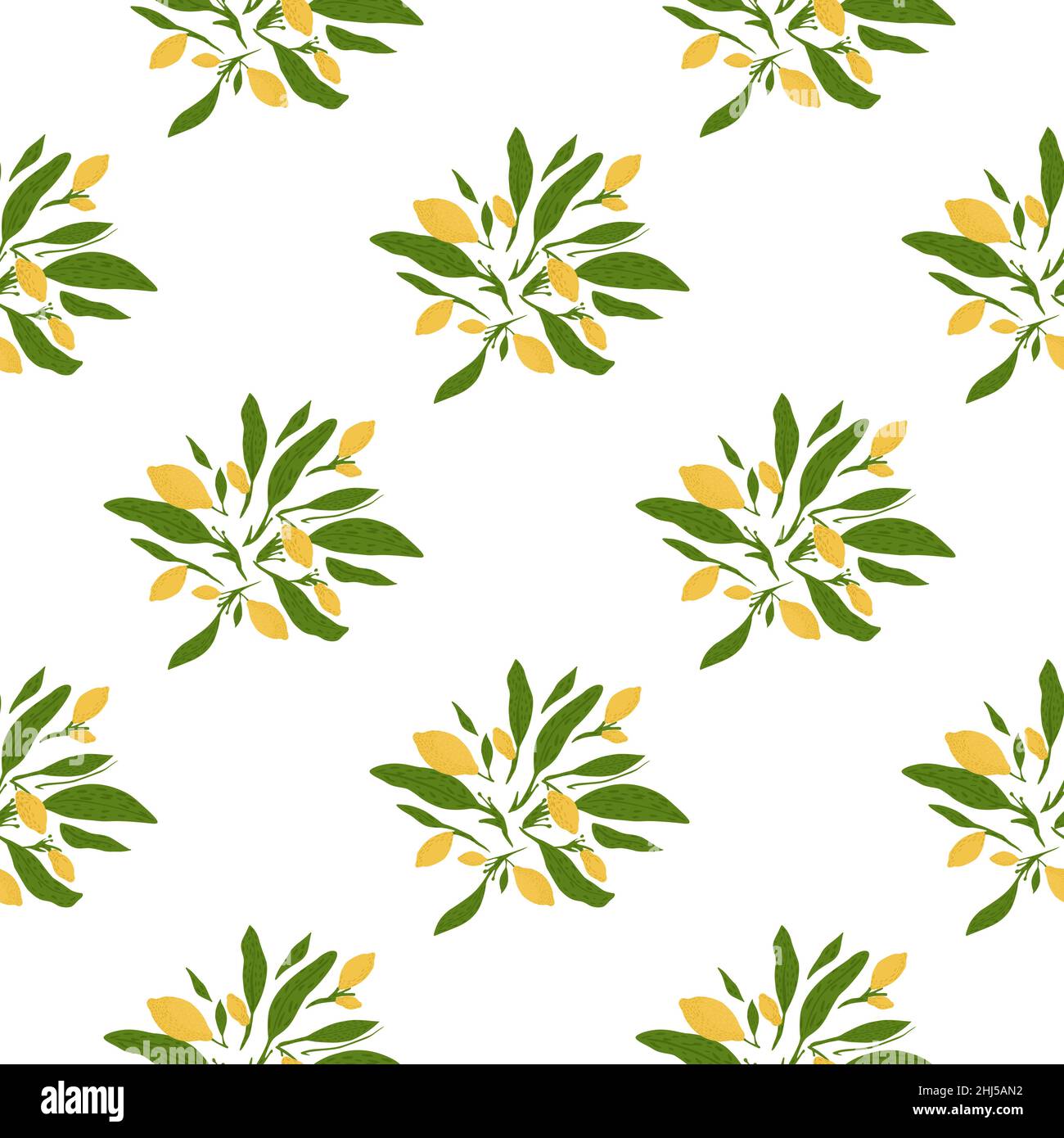 Isolated lemon fruit seamless doodle pattern with green leaves. White ...