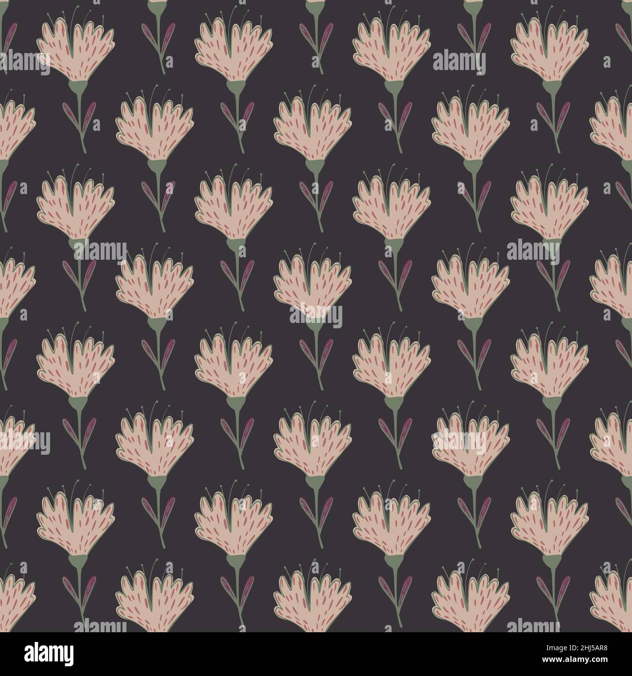 Dark botanic seamless pattern with pale flowers elements. Brown background. Doodle artwork. Stock illustration. Vector design for textile, fabric, gif Stock Vector