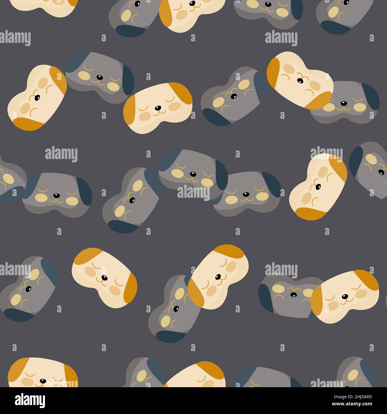 Dog mask yellow and gray color chaotic seamless pattern on dark gray background. Children graphic design element for different purposes. Flat vector i Stock Vector