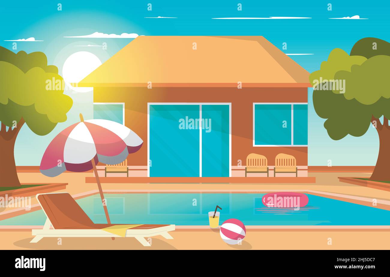 Outdoor Swimming Pool House Summer Leisure Relaxation Flat Design