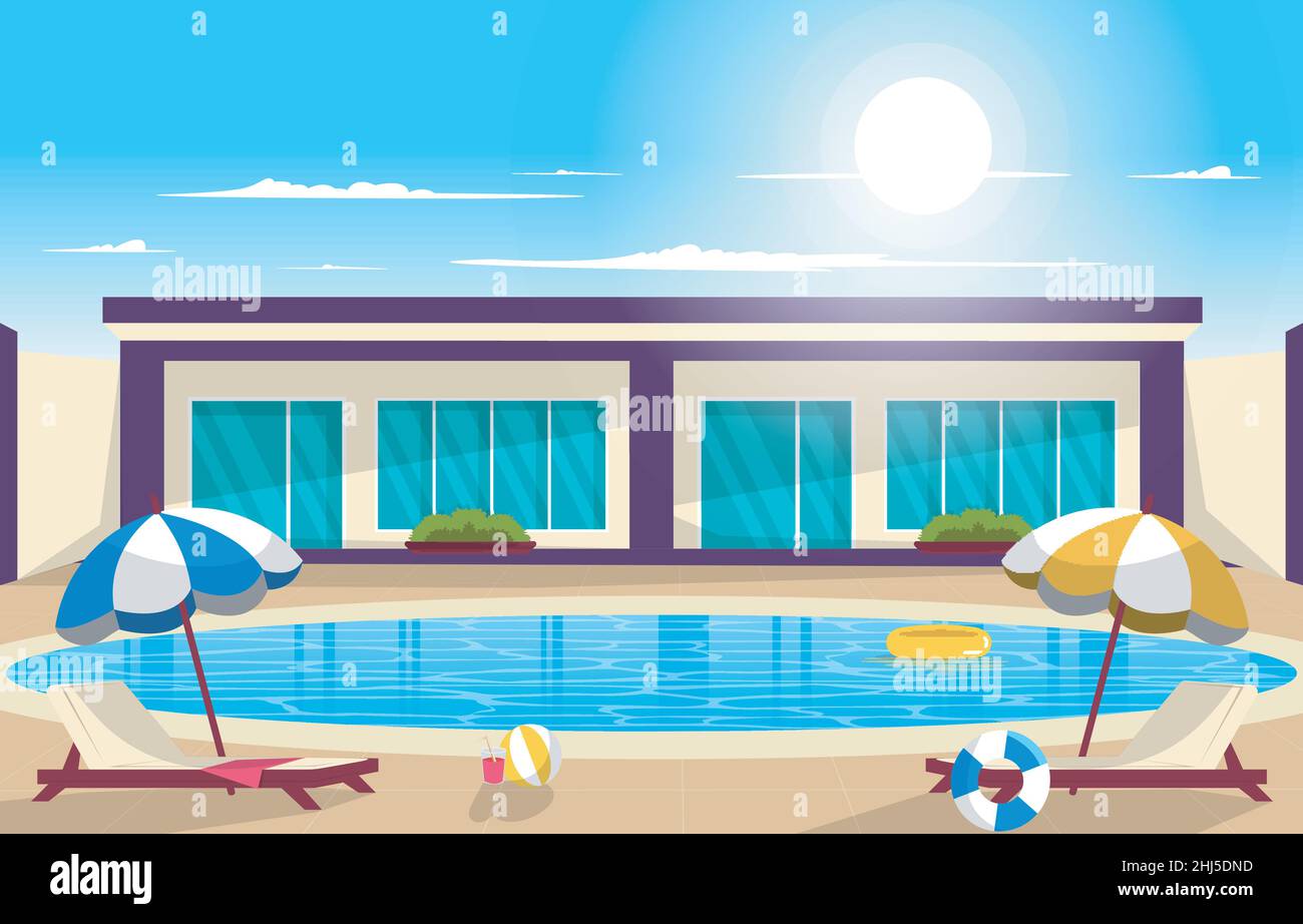 Outdoor Swimming Pool Summer Holiday Leisure Relaxation Flat Design Illustration Stock Vector