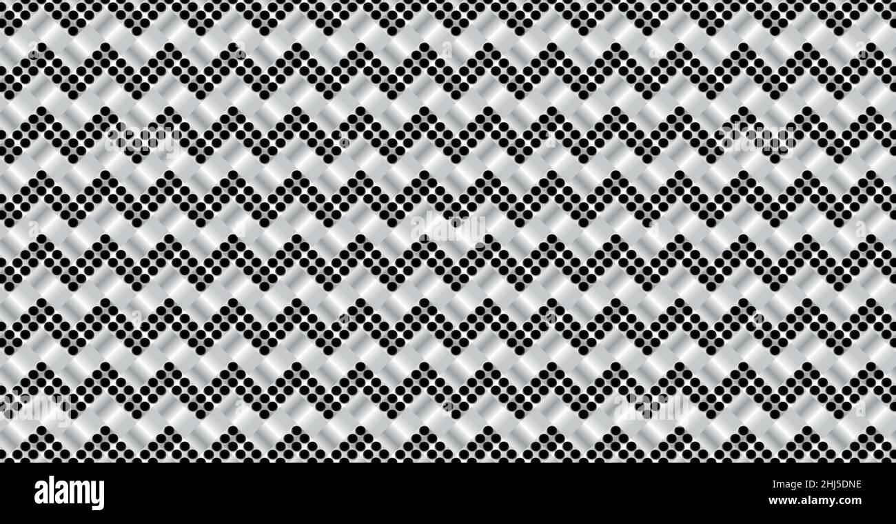 Panoramic silver metal wicker background, repeating perforated elements - Vector illustration Stock Vector