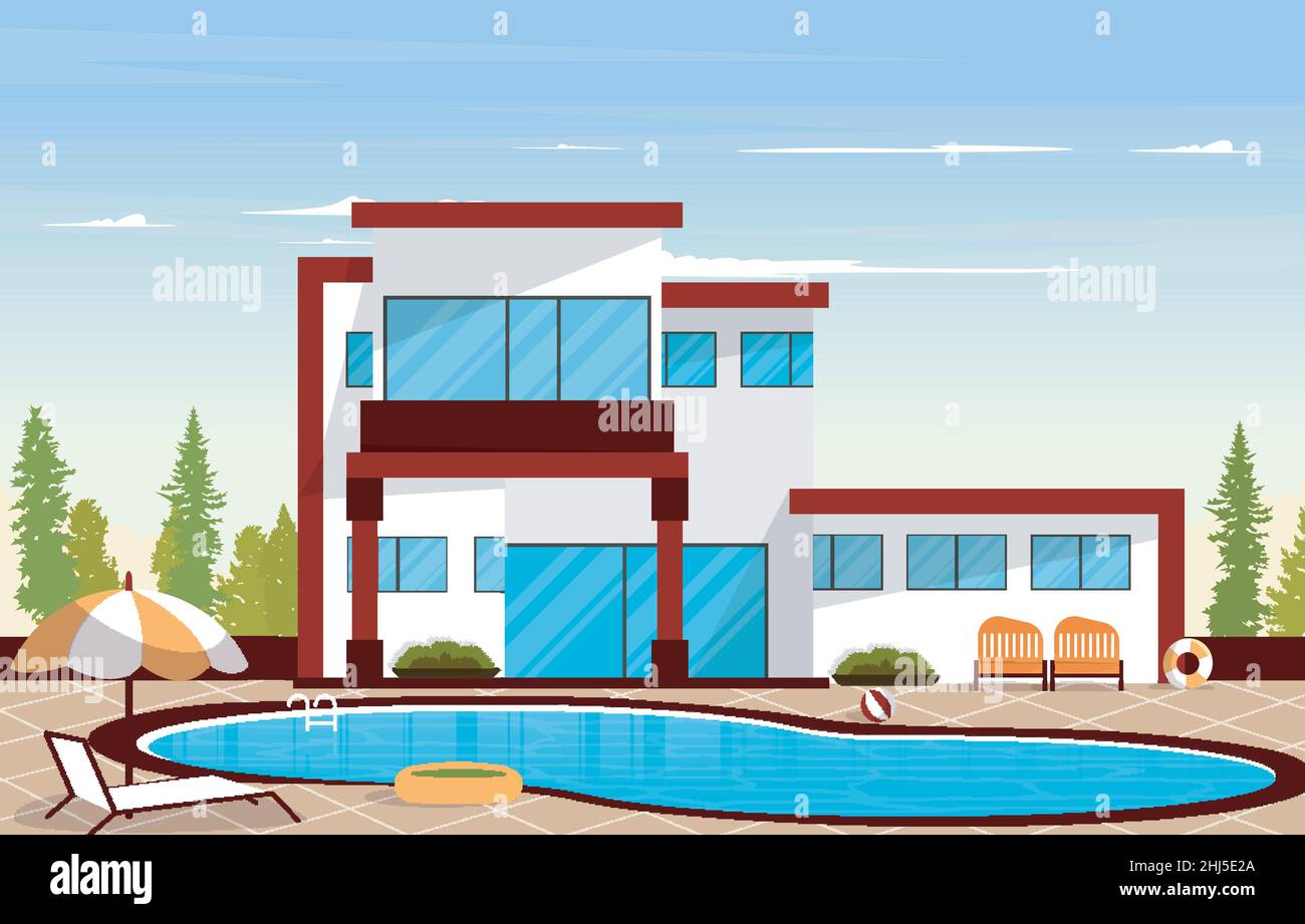 Outdoor Swimming Pool Luxury House Leisure Relaxation Flat Design Illustration Stock Vector