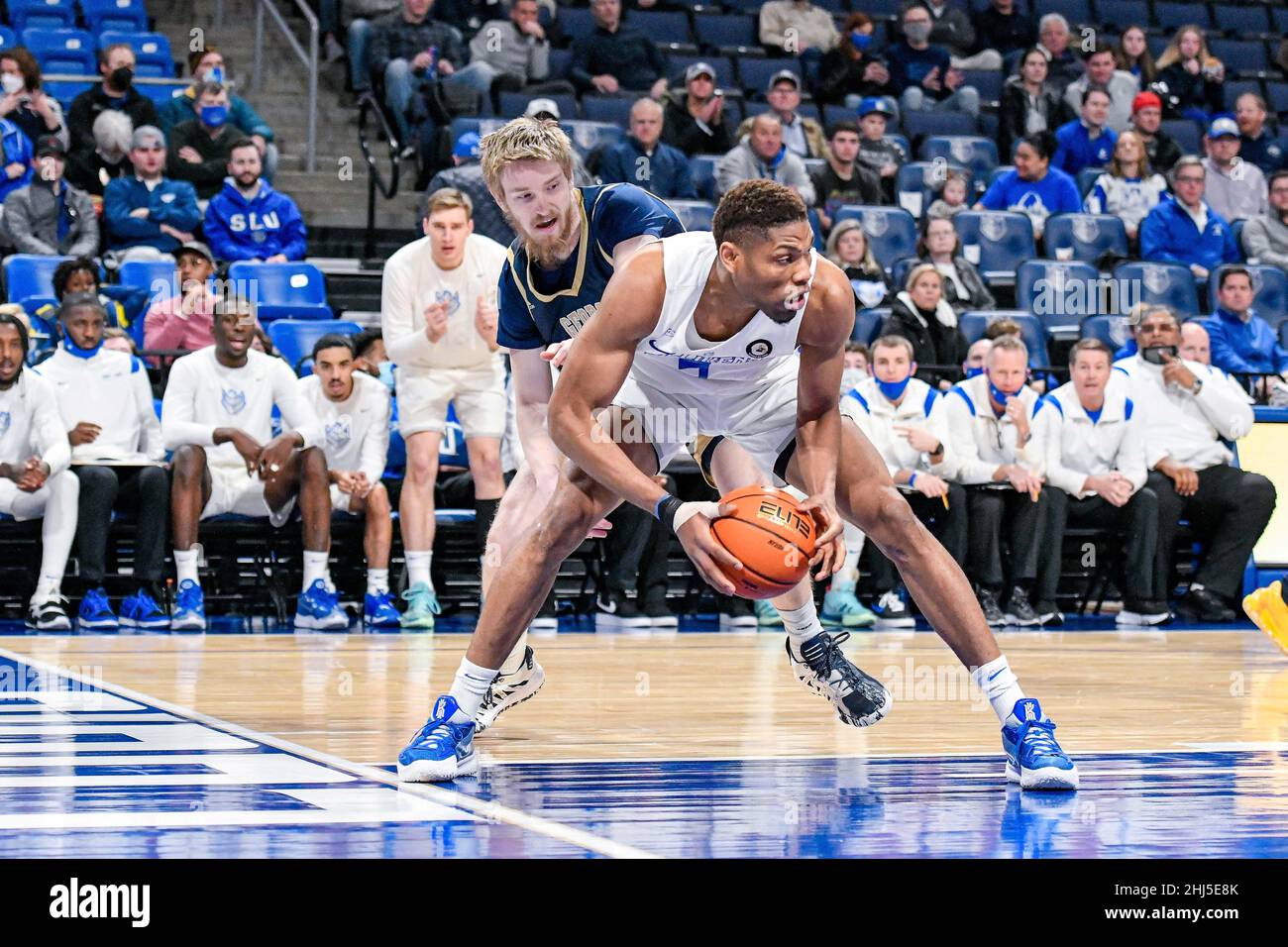 January 26, 2022: Saint Louis Billikens forward Francis Okoro (5) grabs a loose ball but steps out of bounds turning the ball over in an A-10 conference game where the George Washington Colonials visited the St. Louis Billikens. Held at Chaifetz Arena in St. Louis, MO Richard Ulreich/CSM Stock Photo