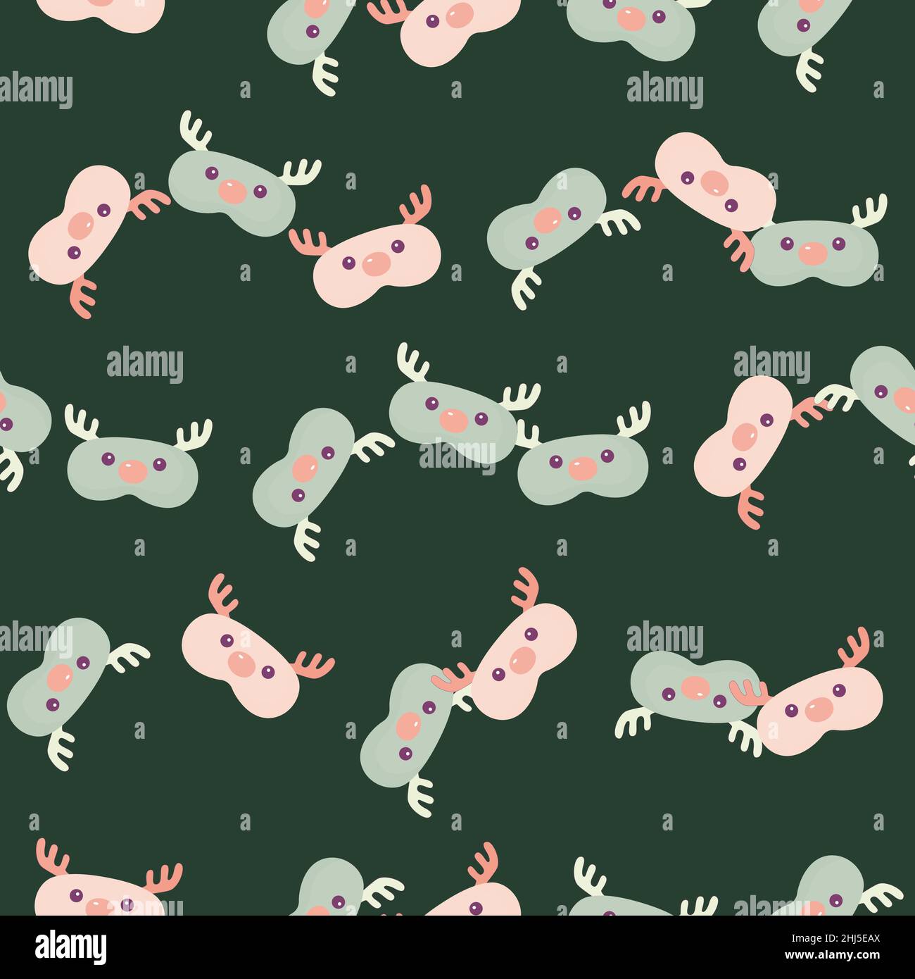 Head deer light green and pink chaotic seamless pattern on dark green background. Children graphic design element for different purposes. Flat vector Stock Vector