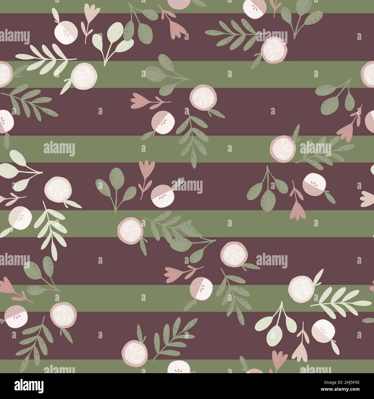 Seamless random pattern with white apples and leaves print. Green and purple striped background. Graphic design for wrapping paper and fabric textures Stock Vector