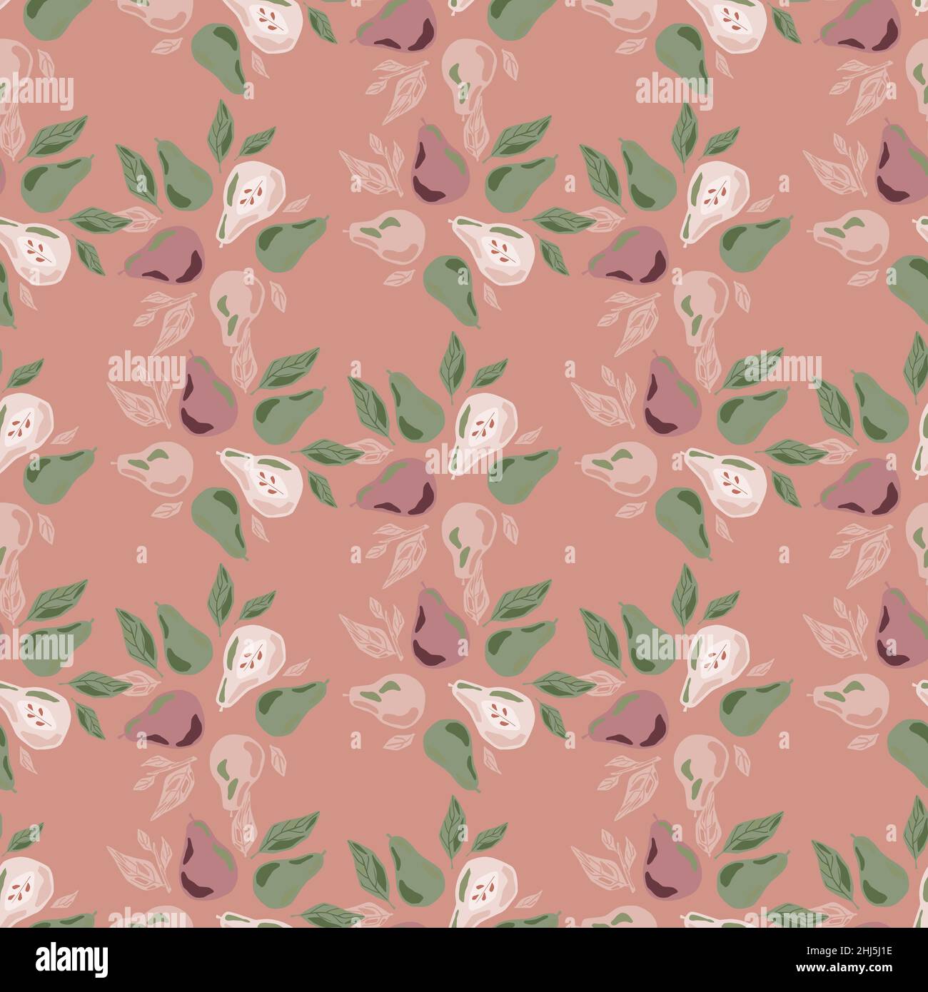 Hand drawn seamless pattern with simple doodle pear ornament and green ...