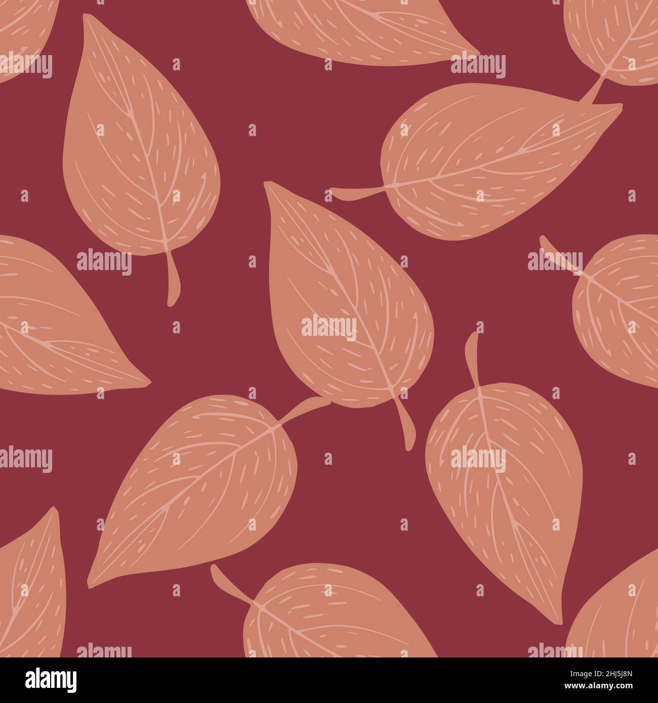 Minimalistic abstract seamless pattern with doodle leaf ornament. Maroon background. Flat vector print for textile, fabric, giftwrap, wallpapers. Endl Stock Vector