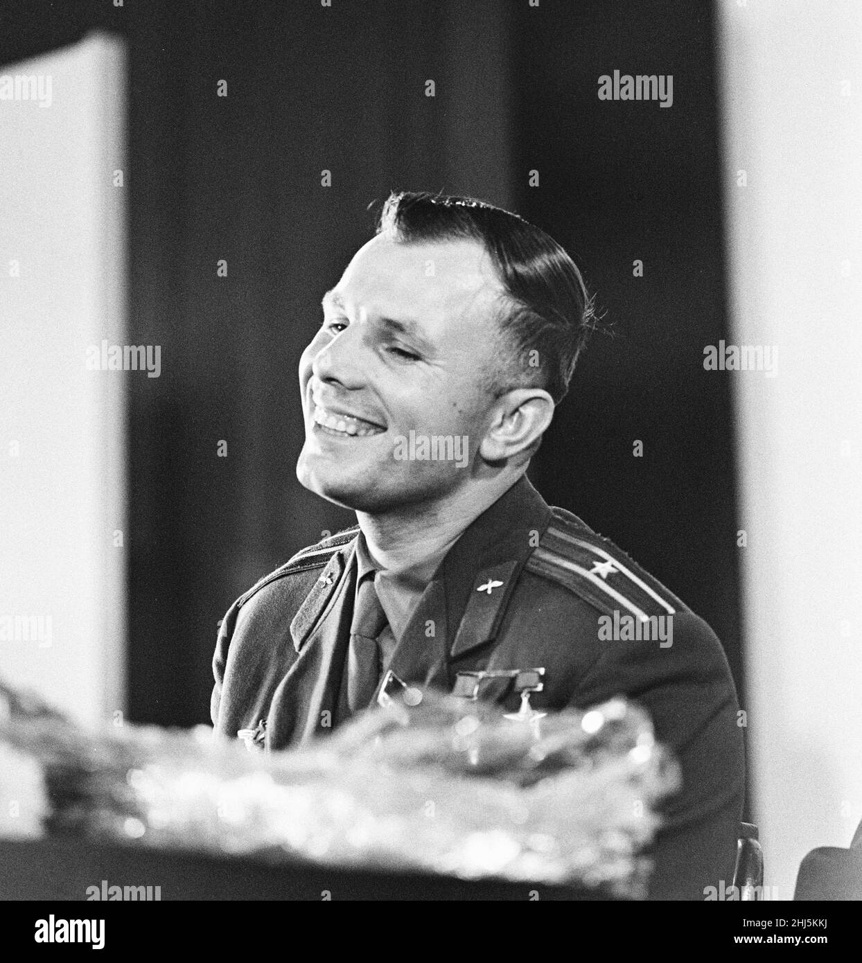 Yuri Gagarin,  Soviet Cosmonaut, the first human to journey into outer space when his Vostok spacecraft completed an orbit of the Earth (12th April 1961), visits Britain, Tuesday 11th July 1961. Our picture shows ... Yuri Gagarin attends news press conference at the Russian Embassy, Kensington Palace Gardens, London. Stock Photo