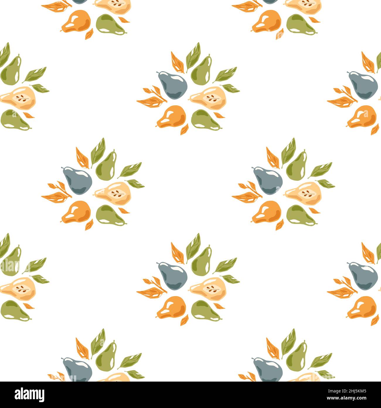 Isolated seamless pattern with orange and blue colored pear and leaves ...