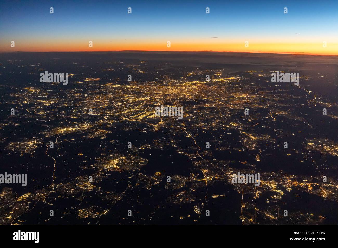 Aerial view of London England at Dawn from 39,000 feet above. Stock Photo