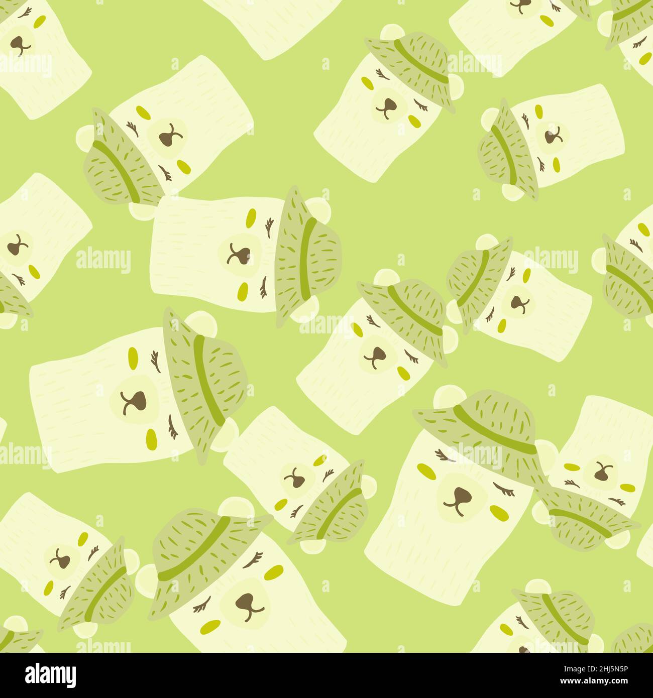Cartoon seamless pattern with hand drawn head bear in hats print. Light green background. Random ornament. Flat vector print for textile, fabric, gift Stock Vector