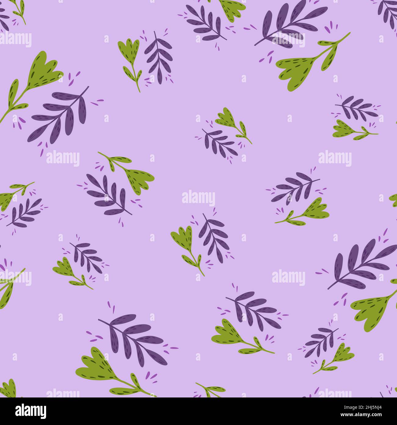 Seamless random pattern with cartoon leaves and flowers. Light purple ...