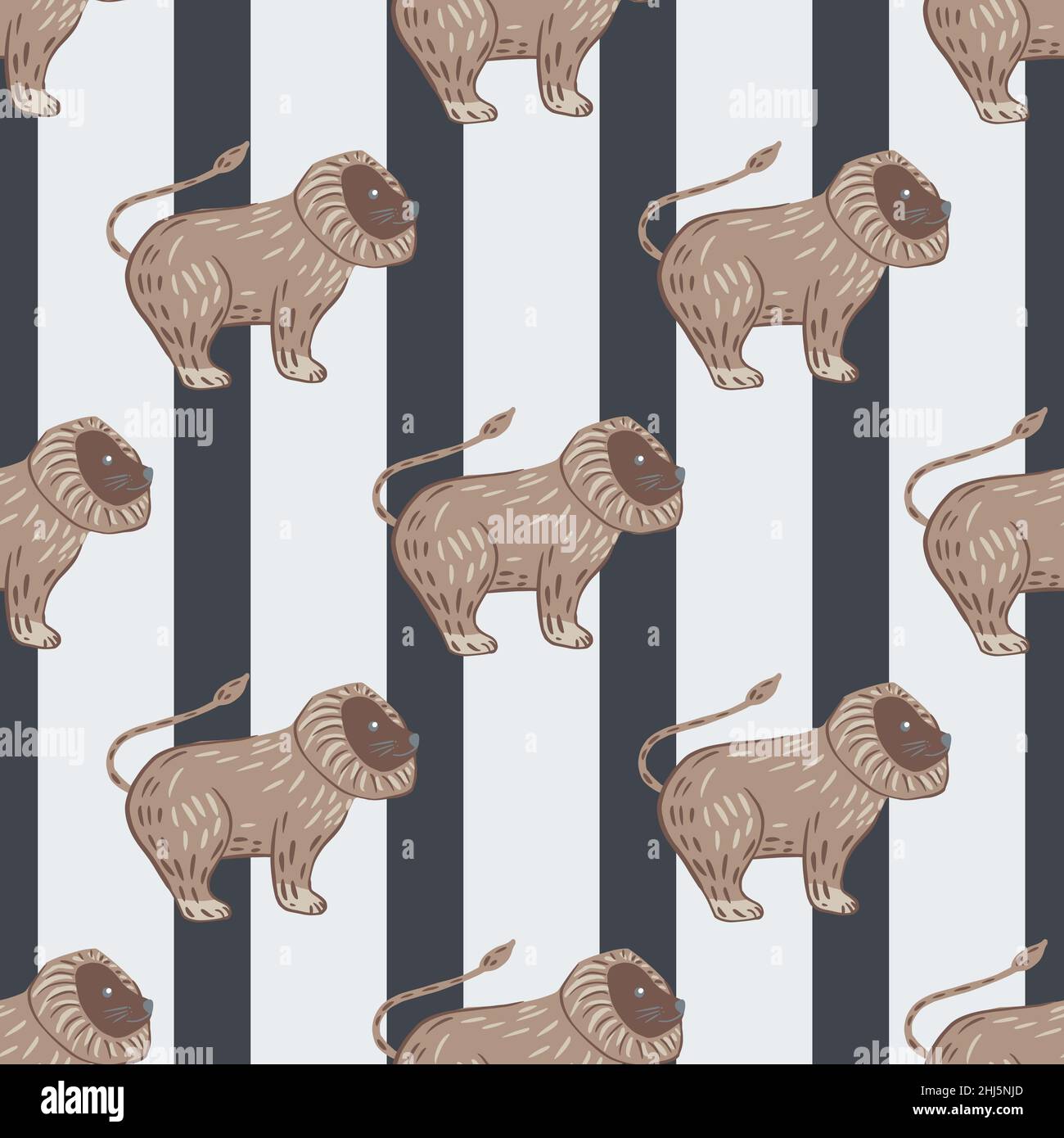 Childish animal seamless pattern with beige lion king shapes. Striped background with grey lines. Graphic design for wrapping paper and fabric texture Stock Vector