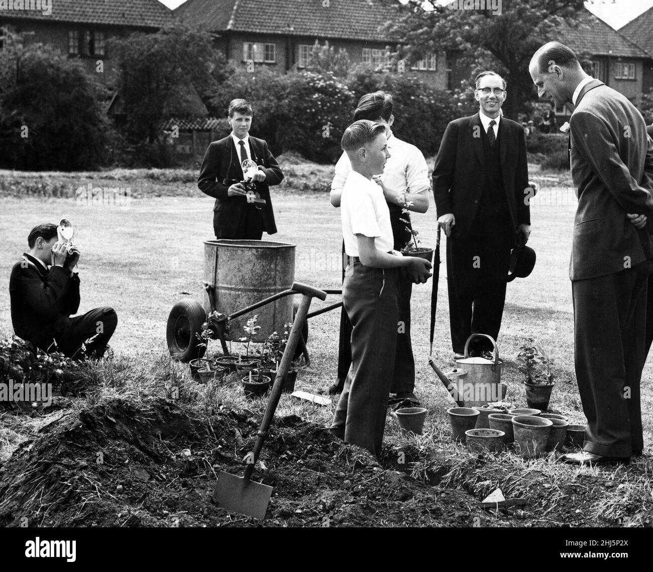 Prince Philip visits Eastbourne Secondary Modern School, Darlington. John Dobson and Ian Wright are taking photography as part of the Duke of Edinburgh's award scheme and they were designated 'official photographers' for the Duke's visit. 25th June 1960. Stock Photo