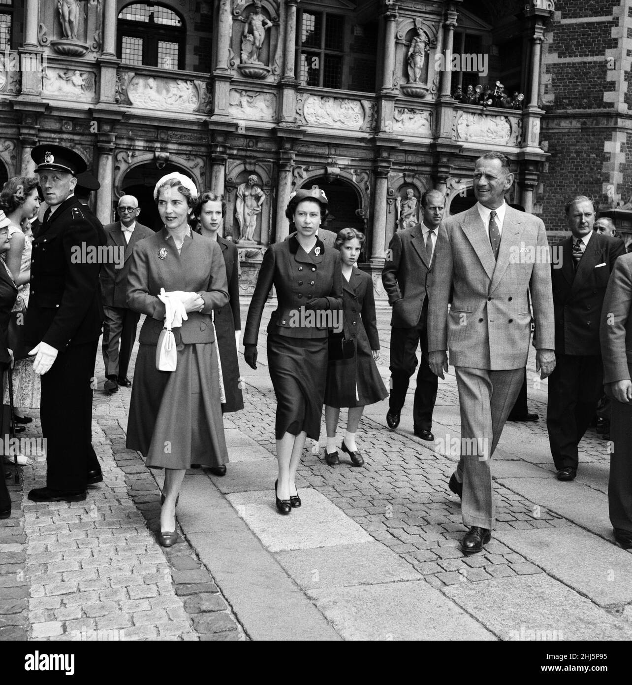 Queen Elizabeth II and Duke of Edinburgh, Prince Philip,  visit the Chapel at Frederiksborg Castle. They were hosted by King Frederik IX and Queen Ingrid of Denmark. Denmark, 25th May 1957. Stock Photo