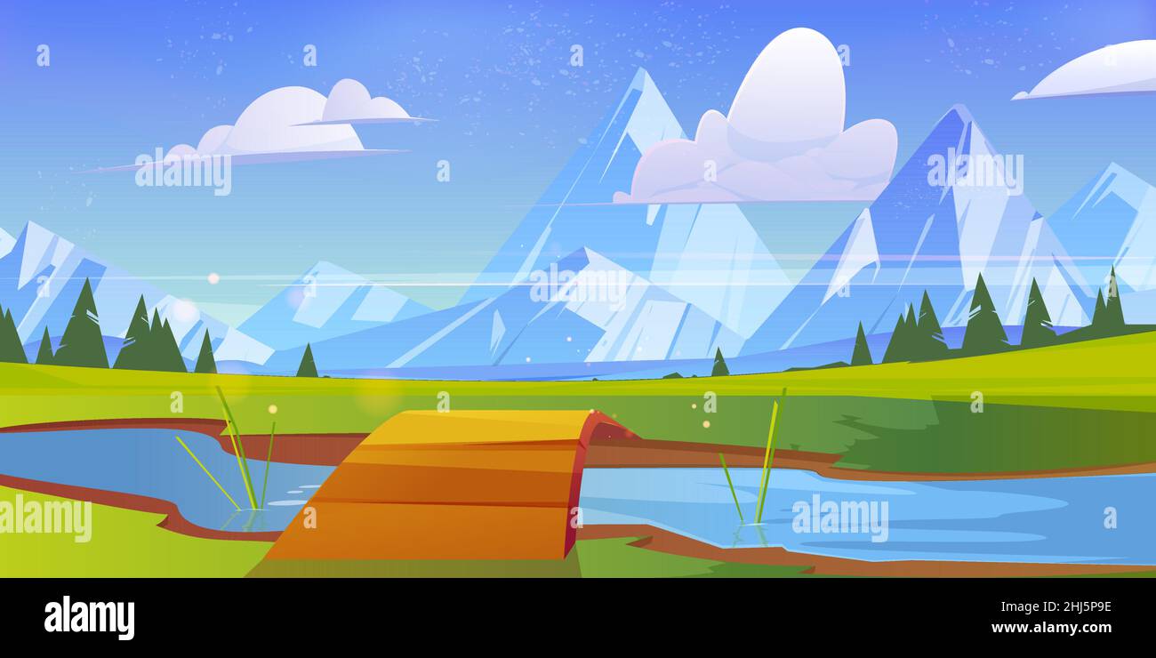 Mountains valley with river, wooden bridge, coniferous trees and rocks on horizon. Vector cartoon illustration of summer landscape with green meadows, brook and mountain range Stock Vector