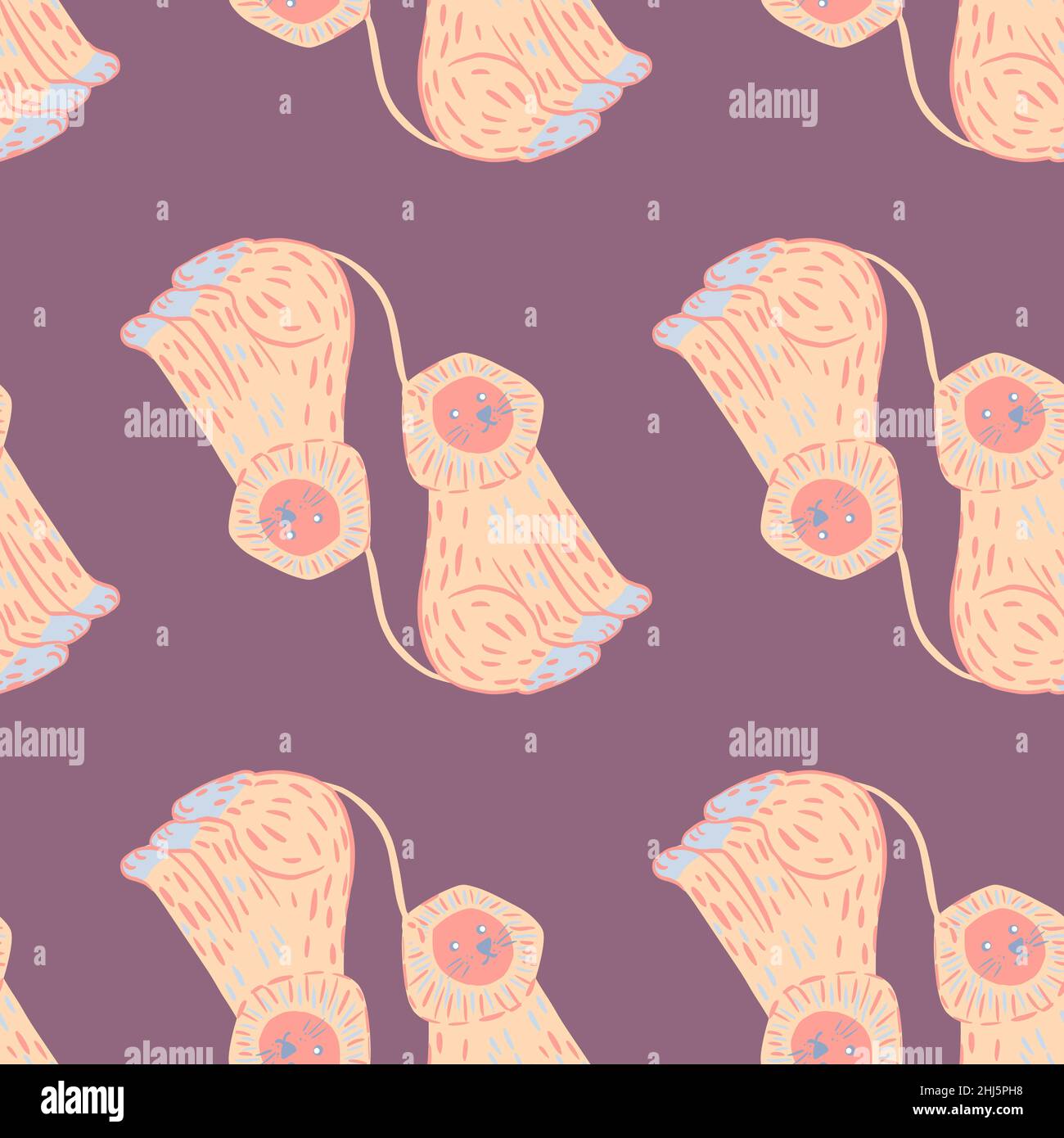Light pink lion silhouettes seamless doodle pattern. Purple background ...