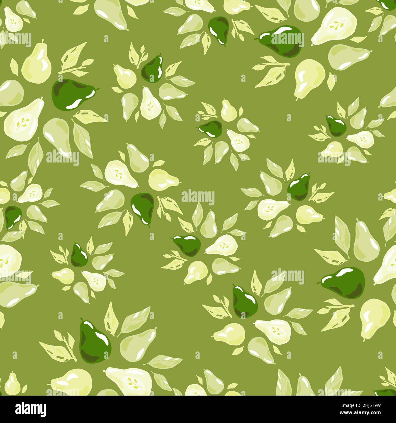 Random seamless pattern with doodle pear ornament and leaf silhouettes ...