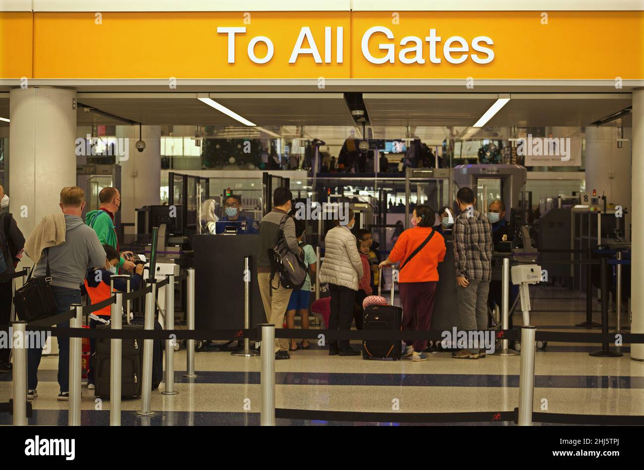 Airport passengers in Los Angeles wait at the TSA checkpoint Stock