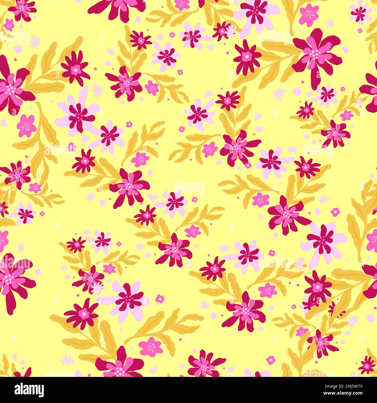 Vintage seamless pattern with random pink flower silhouettes and foliage shapes. Yellow background. Flat vector print for textile, fabric, giftwrap, w Stock Vector