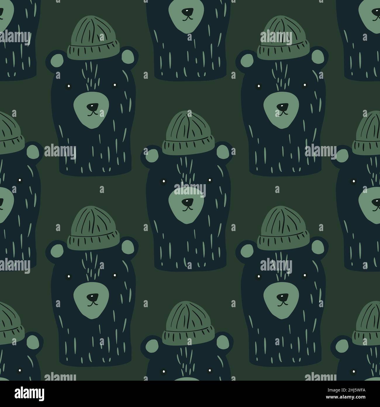 Dark seamless pattern with navy blue bear in hat print. Green olive dark background. Kids doodle style. Vector illustration for seasonal textile print Stock Vector
