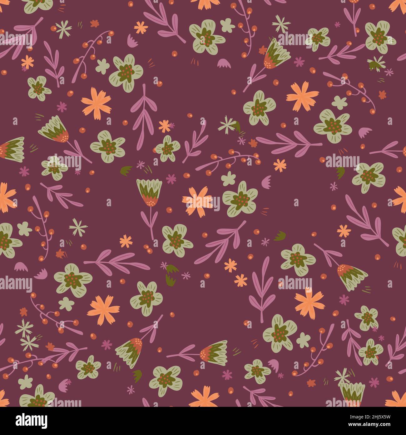 Seamless pattern with random botanic flowers and foliage ornament ...