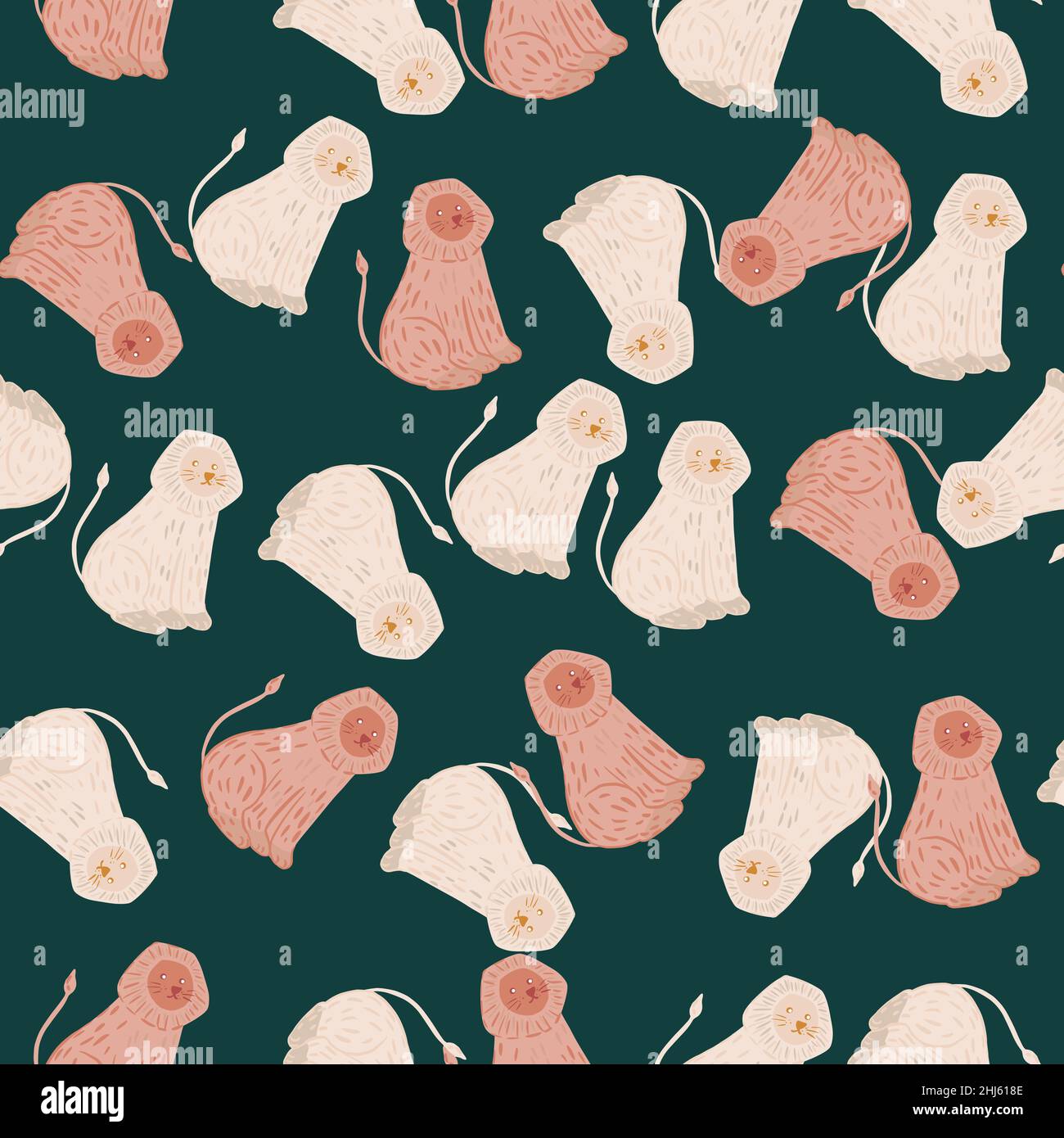 Random pink colored lion silhouettes seamless pattern. Dark turquoise ...