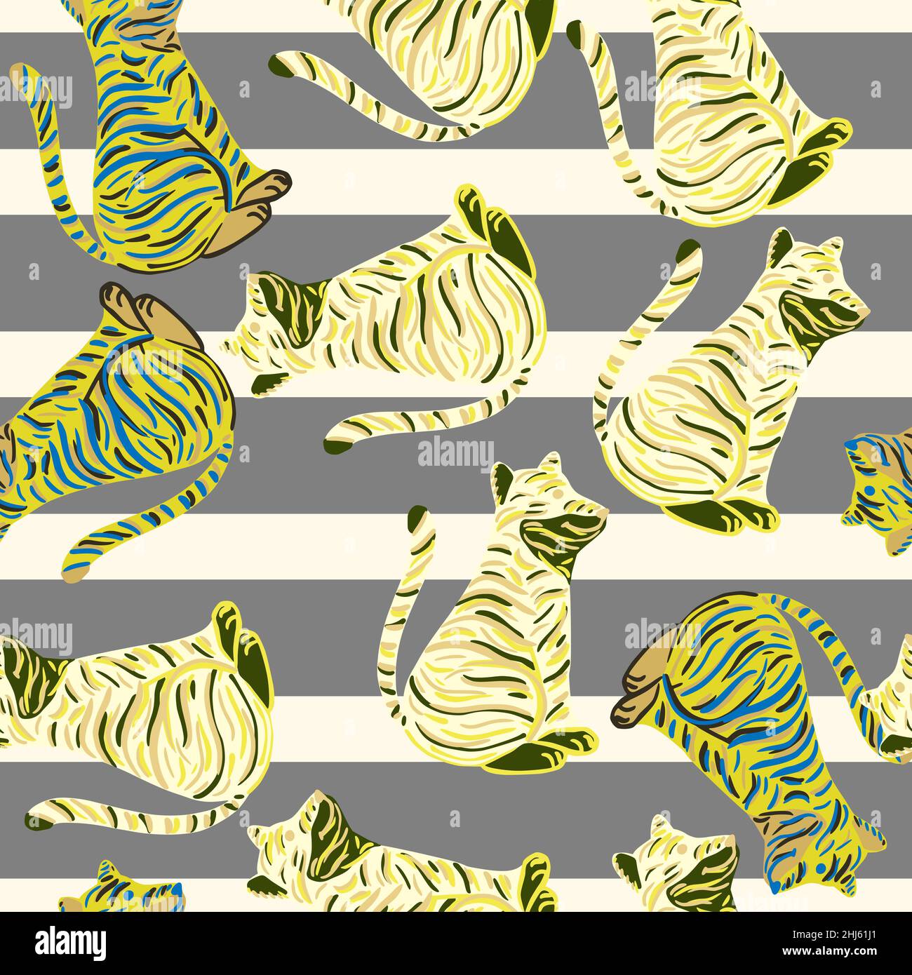 Random seamless pattern with yellow random tiger hand drawn ornament. Simple design with striped background. Stock illustration. Vector design for tex Stock Vector