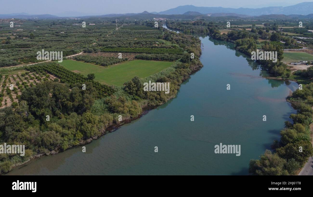 Aerial drone view of river Acheloos at Aitoloakarnania,Greece Stock Photo