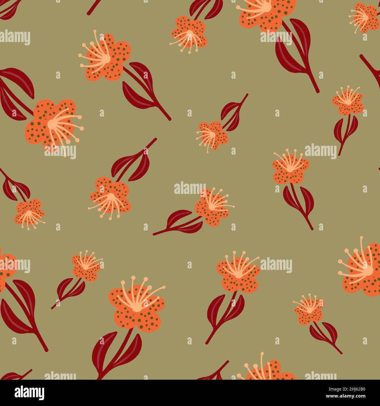 Seamless random pattern with botanic orange flowers random print. Green ...