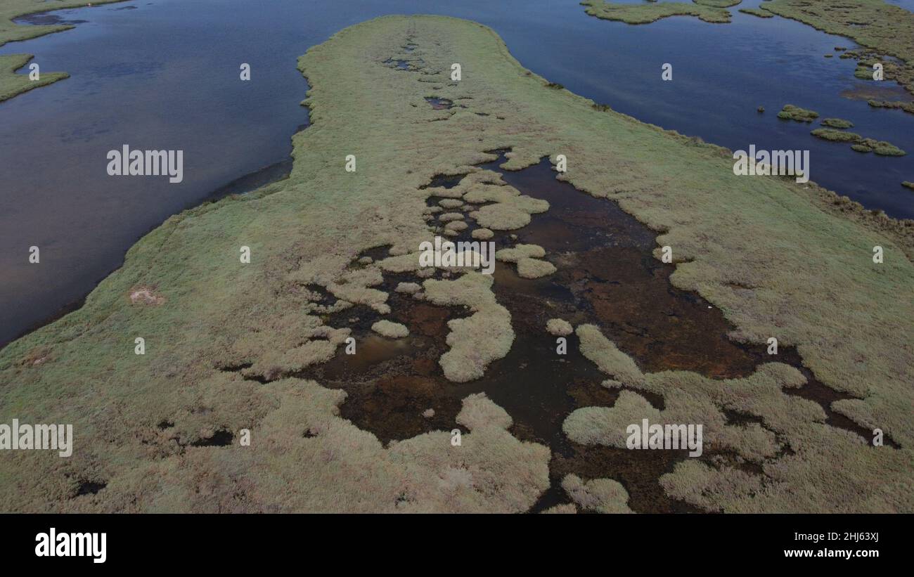 River delta-estuary of Acheloos,aerial drone view,Aitoloakarnania,Greece Stock Photo